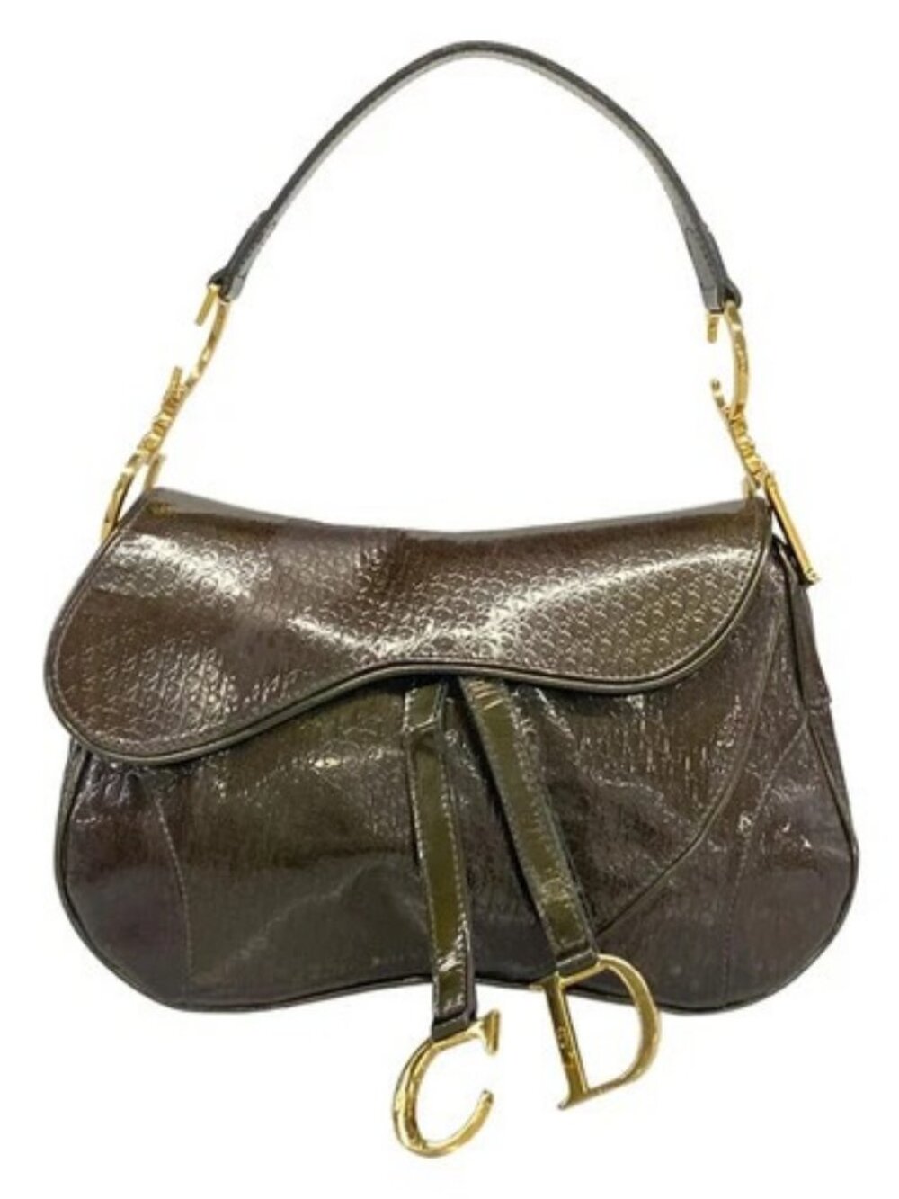 DIOR/ChristianDior Double Saddle Bag Dark Brown Patent Leather Shoulder Bag - Picture 1 of 15